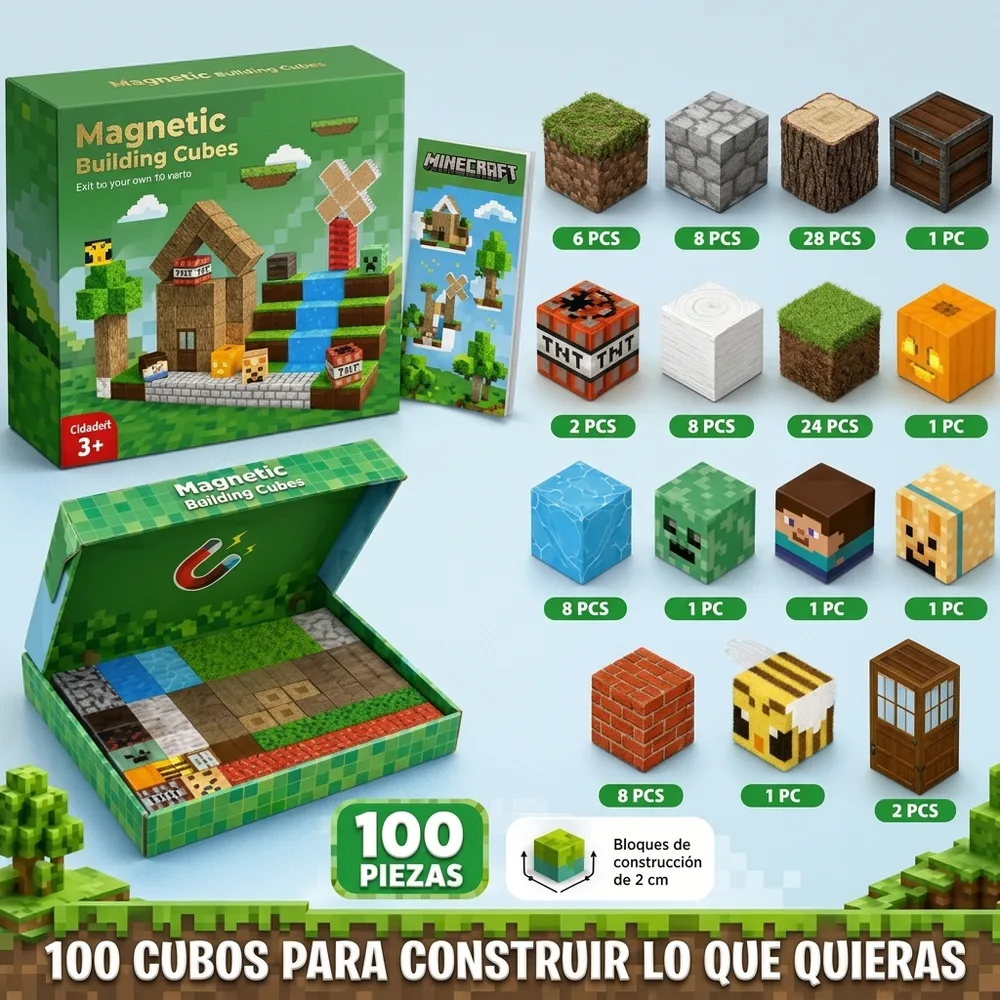 1) Un niño construyendo un escenario pixelado con los cubos sobre una mesa. 2) Primer plano de varios cubos unidos por distintas caras, donde se aprecien las texturas y el tamaño.