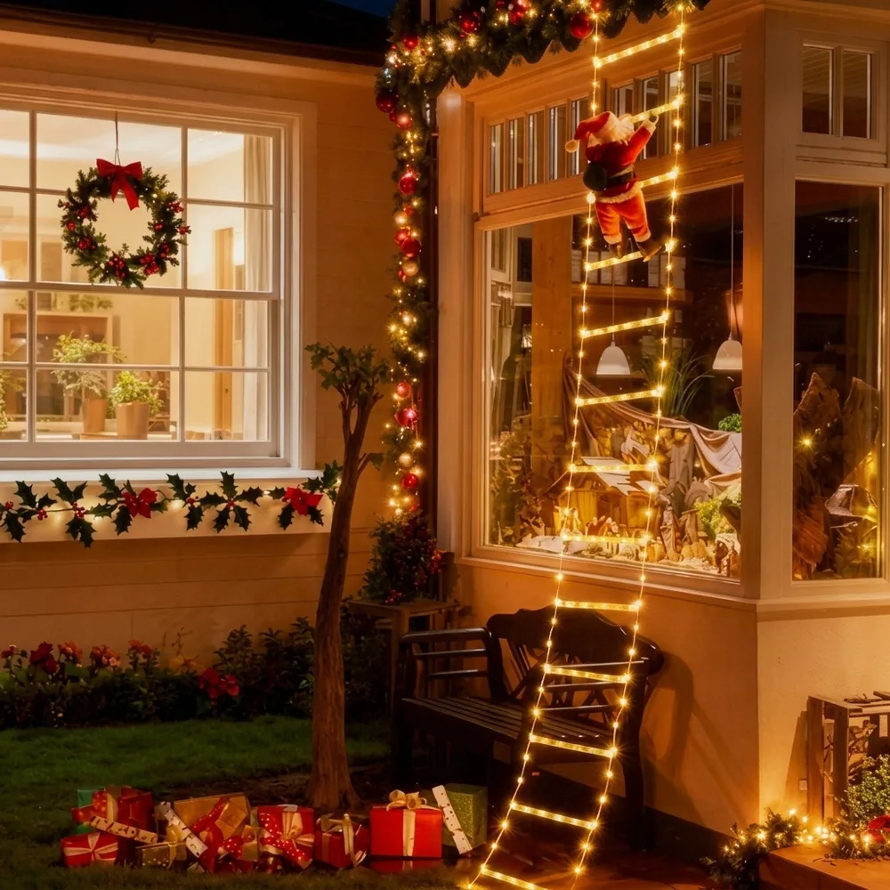 1) La escalera colgada en la baranda de un balcón o fachada de noche, encendida y vista desde la calle. 2) Detalle de cerca del Papá Noel 3D en los peldaños junto al conector USB.