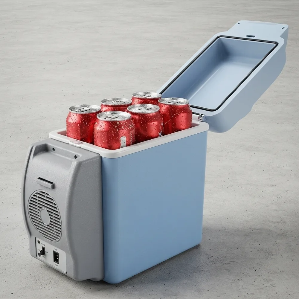 1) La NeverCar en el asiento del carro, conectada al tomacorriente, con latas y snacks adentro. 2) Detalle de la nevera abierta mostrando el espacio interior de 7.5 litros.