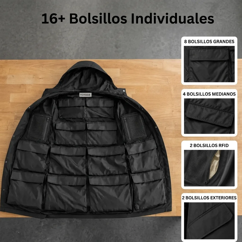 1) Persona usando la chaqueta en un aeropuerto. 2) Detalle de la chaqueta convertida en bolso duffle con sus asas, o de los bolsillos interiores abiertos con ropa guardada.
