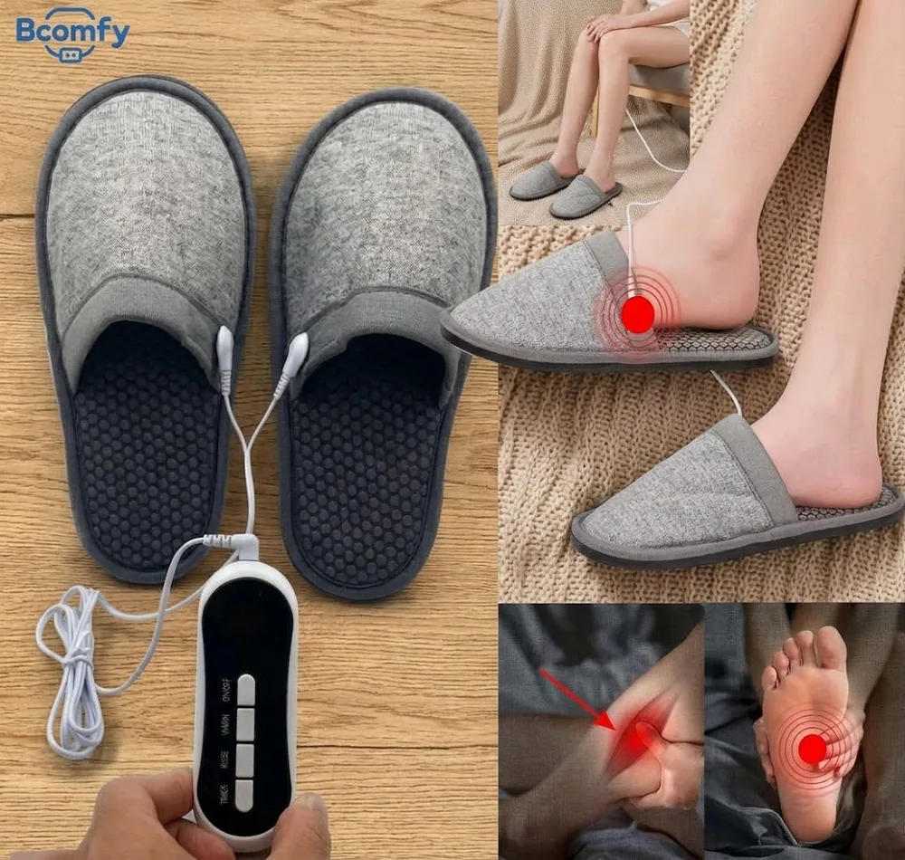 1) Persona usando las pantuflas mientras ve televisión o trabaja en el escritorio. 2) Primer plano del control digital mostrando el modo y el nivel de intensidad en la pantalla.