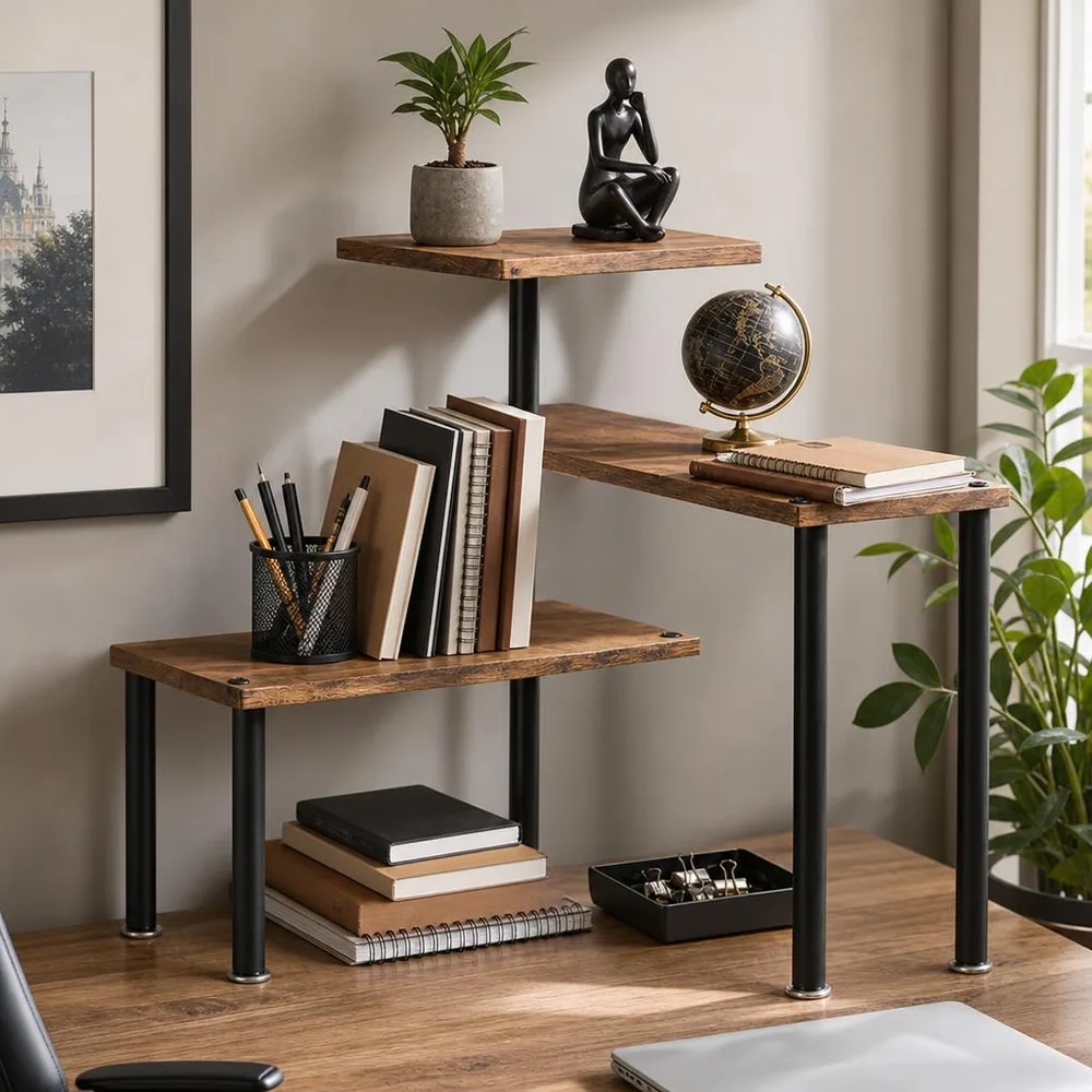 Foto fija del organizador negro armado en forma de L, completo y de frente, sobre fondo claro, con sus tres repisas escalonadas bien visibles.